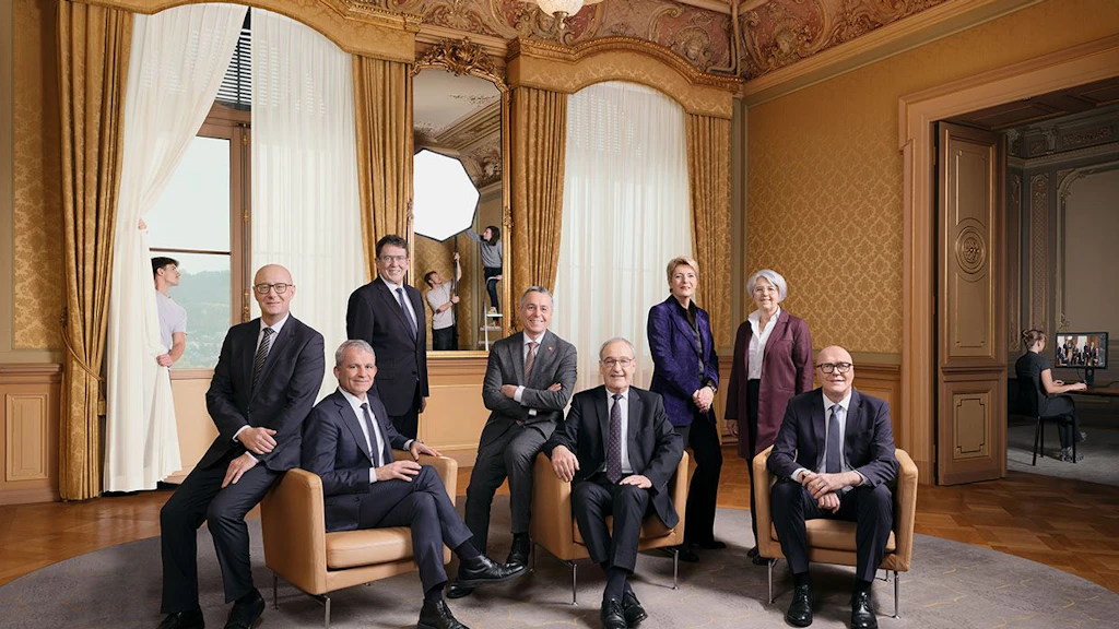 The Federal Council in 2026 (from left to right):Federal Chancellor Viktor Rossi, Federal Councillor Beat Jans, Federal Councillor Albert Rösti, Federal Councillor Ignazio Cassis (Vice President), Federal Councillor Guy Parmelin (President of the Swiss Confederation), Federal Councillor Karin Keller-Sutter, Federal Councillor Elisabeth Baume- Schneider, Federal Councillor Martin Pfister. Photo: Nathan Bugniet, Eileen Fraefel, Samantha Keller and Léo Margueron - students at the CEPV in Vevey
