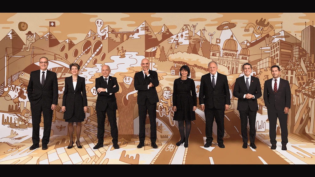 Der Gesamtbundesrat 2018 (von links nach rechts): Bundesrat Guy Parmelin, Bundesrätin Simonetta Sommaruga, Bundesrat Ueli Maurer (Vizepräsident), Bundespräsident Alain Berset, Bundesrätin Doris Leuthard, Bundesrat Johann N. Schneider-Ammann, Bundesrat Ignazio Cassis, Bundeskanzler Walter Thurnherr.
