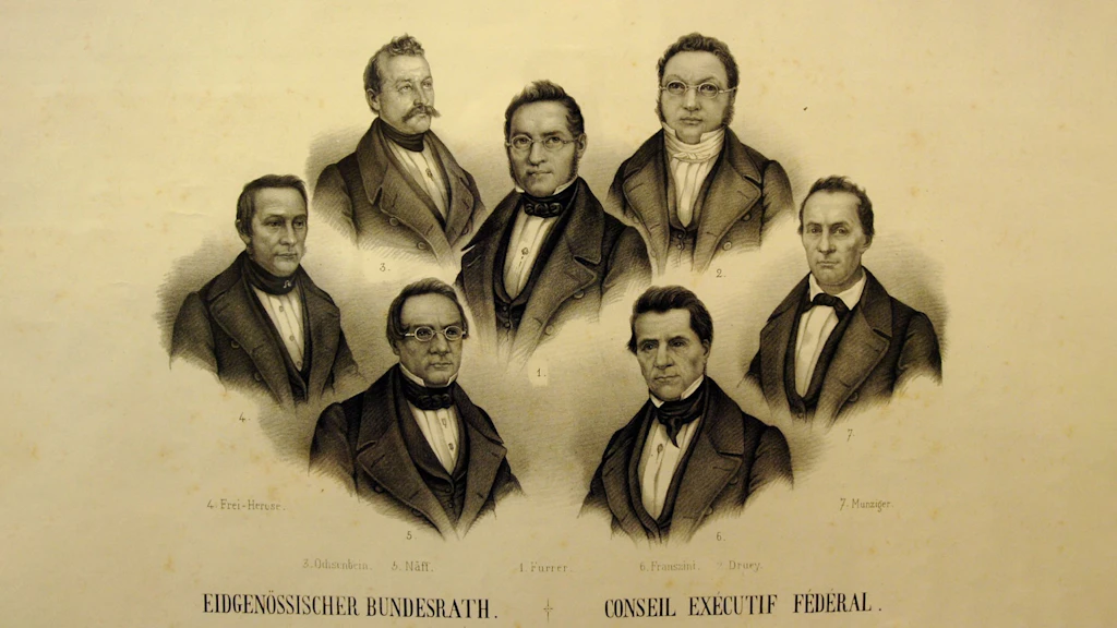 Stich des ersten Schweizer Bundesrats von 1848 mit Jonas Furrer, Ulrich Ochsenbein, Daniel-Henri Druey, Friedrich Frey-Herosé, Wilhelm Matthias Naeff, Stefano Franscini und Martin Munzinger.