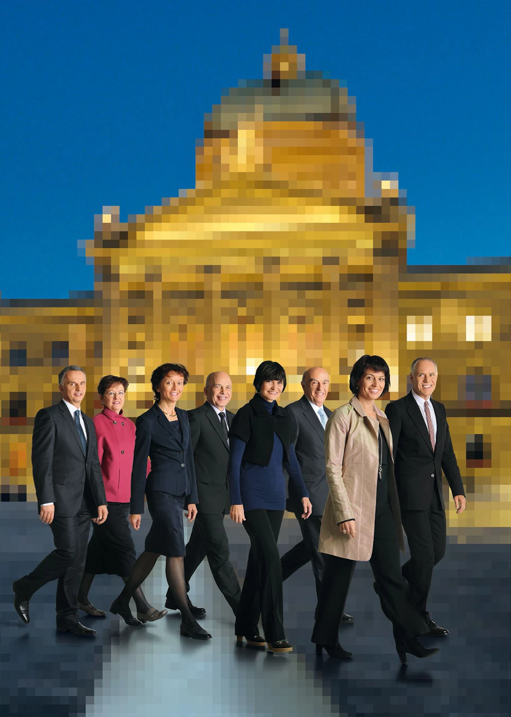 The members of the Federal Council (from left to right): Federal Councillor Didier Burkhalter, Federal Chancellor Corina Casanova, Federal Councillor Eveline Widmer-Schlumpf, Federal Councillor Ueli Maurer, Federal Councillor Micheline Calmy-Rey, Federal Councillor Hans-Rudolf Merz, President Doris Leuthard, Federal Councillor Moritz Leuenberger (vice-president)