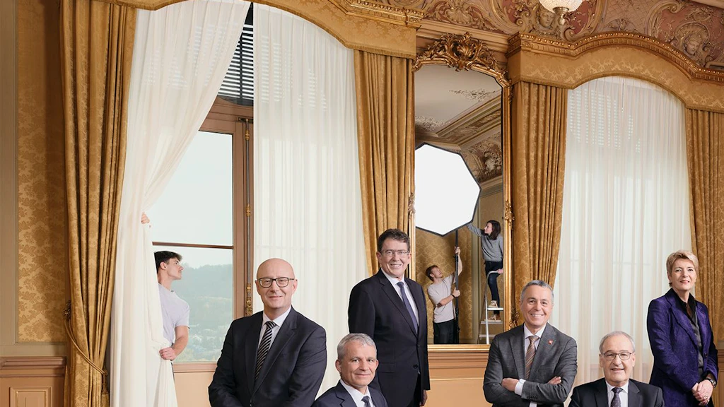 The Federal Council in 2026 (from left to right):Federal Chancellor Viktor Rossi, Federal Councillor Beat Jans, Federal Councillor Albert Rösti, Federal Councillor Ignazio Cassis (Vice President), Federal Councillor Guy Parmelin (President of the Swiss Confederation), Federal Councillor Karin Keller-Sutter, Federal Councillor Elisabeth Baume- Schneider, Federal Councillor Martin Pfister. Photo: Nathan Bugniet, Eileen Fraefel, Samantha Keller and Léo Margueron - students at the CEPV in Vevey