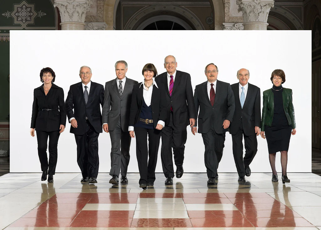 The members of the Federal Council (from left to right): Federal Councillor Doris Leuthard, Federal Councillor Christoph Blocher, Federal Councillor Moritz Leuenberger, President Micheline Calmy-Rey, Federal Councillor Pascal Couchepin (vice-president), Federal Councillor Samuel Schmid, Federal Councillor Hans-Rudolf Merz, Federal Chancellor Annemarie Huber-Hotz