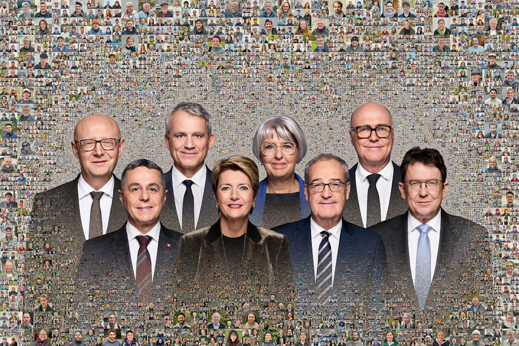 Il Consiglio federale 2025 in corpore (da sinistra):Il cancelliere della Confederazione Viktor Rossi, il consigliere federale Ignazio Cassis, il consigliere federale Beat Jans, la presidente della Confederazione Karin Keller-Sutter, la consigliera federale Elisabeth Baume-Schneider, il consigliere federale Guy Parmelin (vicepresidente), il consigliere federale Martin Pfister, il consigliere federale Albert Rösti.Foto: Arthur Gamsa